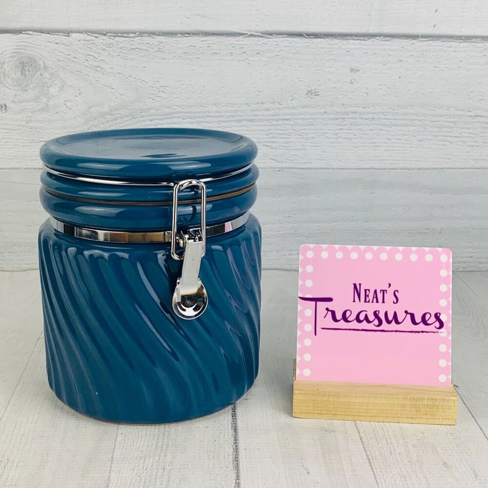 Vintage Winsome China Embossed Blue Swirl Hinged Blue Stoneware 6.5" Canister